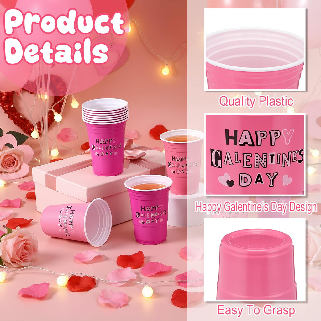 Yungyan 50 Pcs Galentines Day Plastic Cups Galentine's Day Gifts Party Favors 16 oz Reusable Pink and Hot Pink Heart Tumblers Bulk for Women Girl Lady Friend Cold Drink Party Favor Decoration