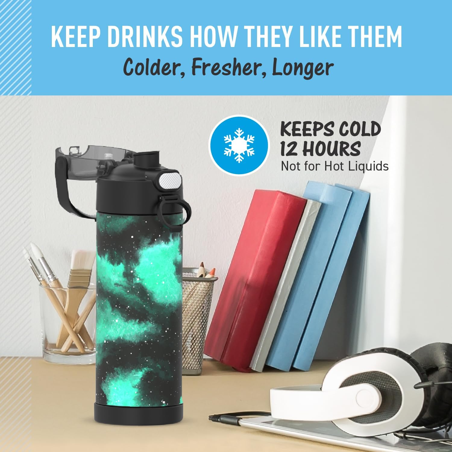 THERMOS FUNTAINER 16 Ounce Stainless Steel Vacuum Insulated Bottle - Galaxy Green, Wide Spout Lid