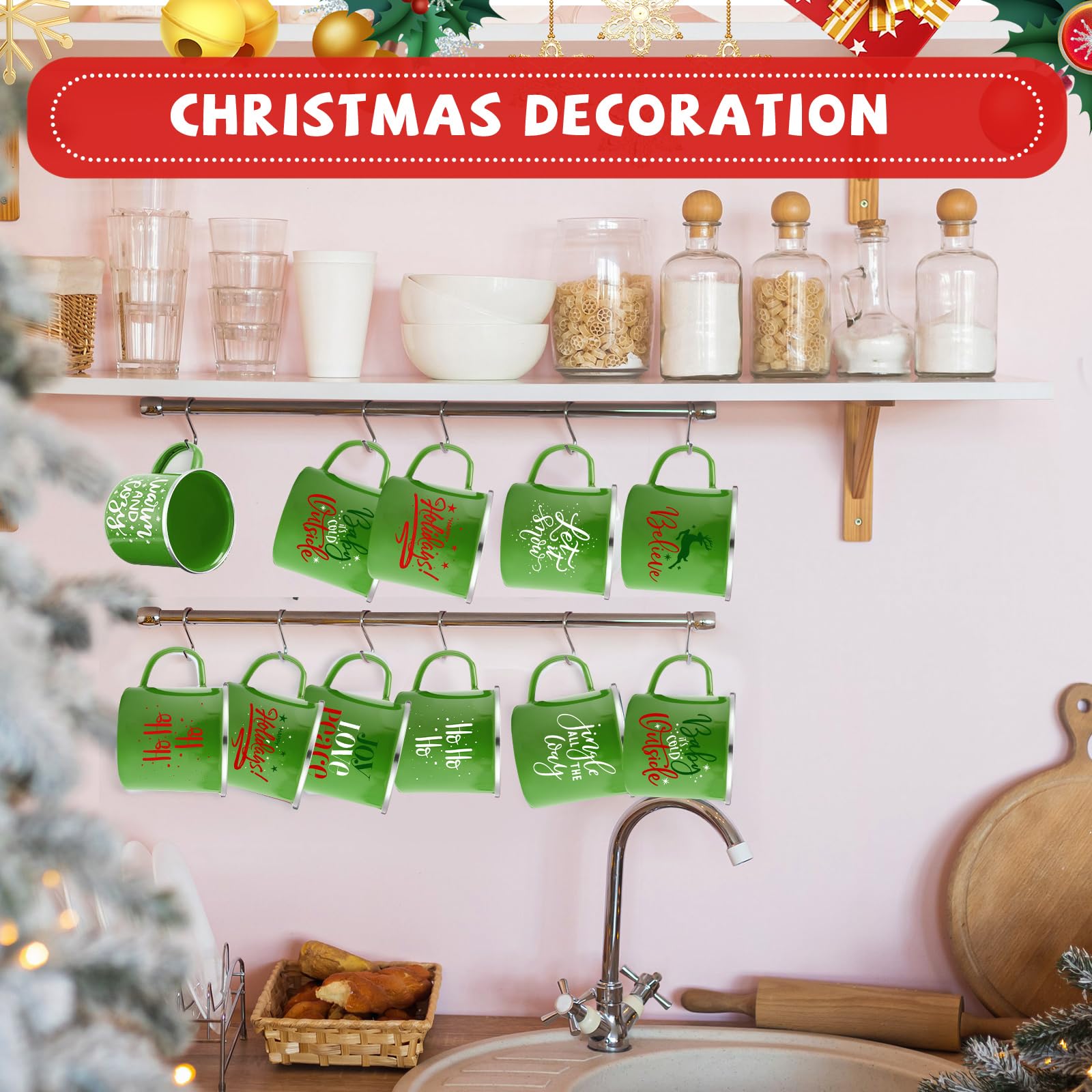 Uiifan 20 Pcs Christmas Enamel Mugs Bulk Cute 12 oz Galvanized Steel Festive Funny Novelty Coffee Cup Merry Christmas Mug Gift Set for Women Coworkers Teachers Hot Chocolate Tea (White Green)
