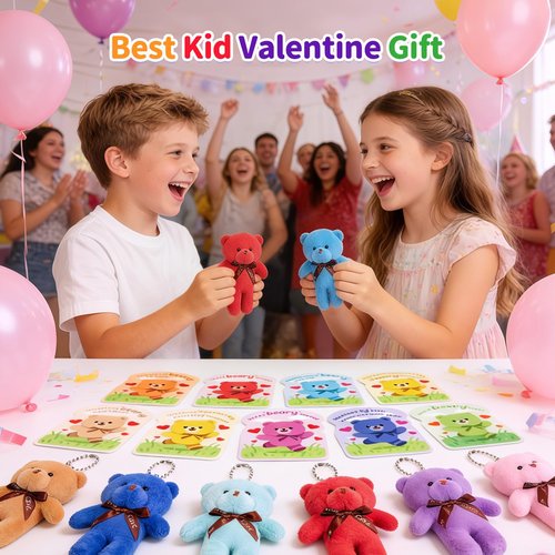 28 Packs Valentine's Day Gift for Kids - 4.7" Mini Plush Bear Stuffed Animals Bulk Keychain with Valentine's Day Cards for Kids School, Classroom Gift Exchange, Party Favor & Prize for Boys Girls
