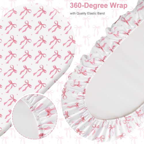 Oudain 2 Pack Pink Baby Bassinet Sheets Girls Bow Coquette 32'' x 16" Stretchable Soft Crib Sheets Cradle Bed Set Fitted Cover for Oval Rectangle Hourglass Mattress Infant Nursery Toddler Room Decor