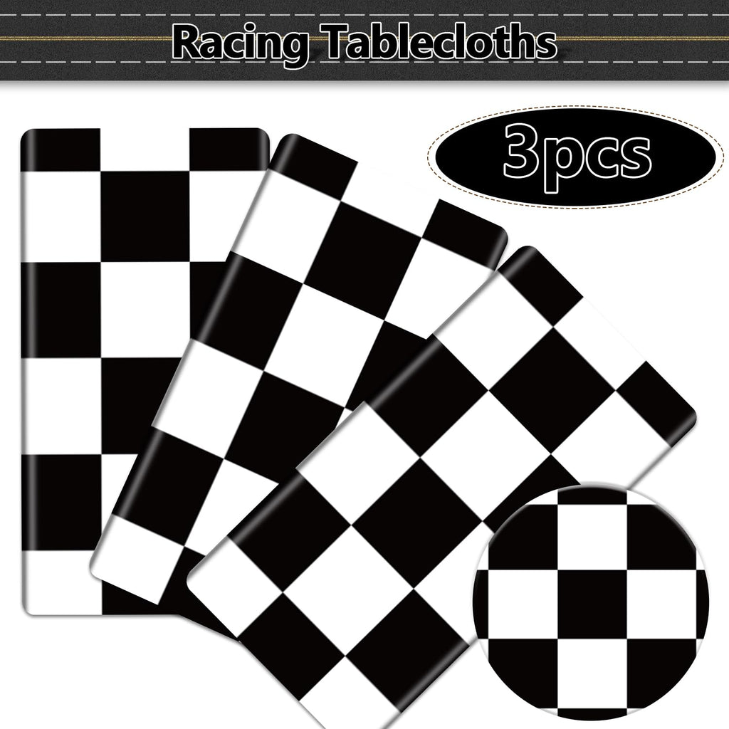 PIXHOTUL Racing Car Tablecloths for Round Table, Plastic Black Racetrack Tablecover for Kid's Birthday Racing Car Theme Party Fast One Two Fast Party, 84 x 84in