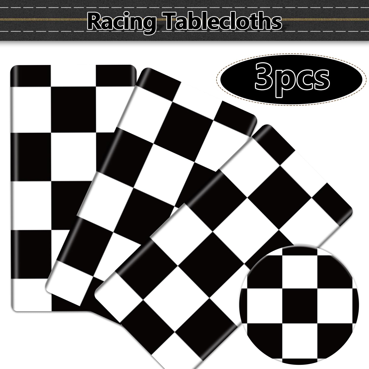 PIXHOTUL Racing Car Tablecloths for Round Table, Plastic Black Racetrack Tablecover for Kid's Birthday Racing Car Theme Party Fast One Two Fast Party, 84 x 84in
