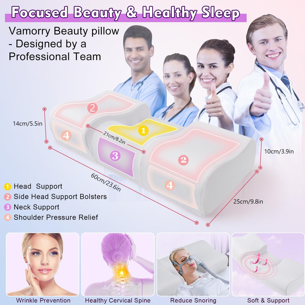 Anti Wrinkle Ergonomic Back Sleep Training Pillow: Cervical Memory Foam Anti Aging Beauty Pillow for Neck Pain Relief - Contoured Neck & Shoulder Support Flawless Face Pillow with Cooling Pllowcase