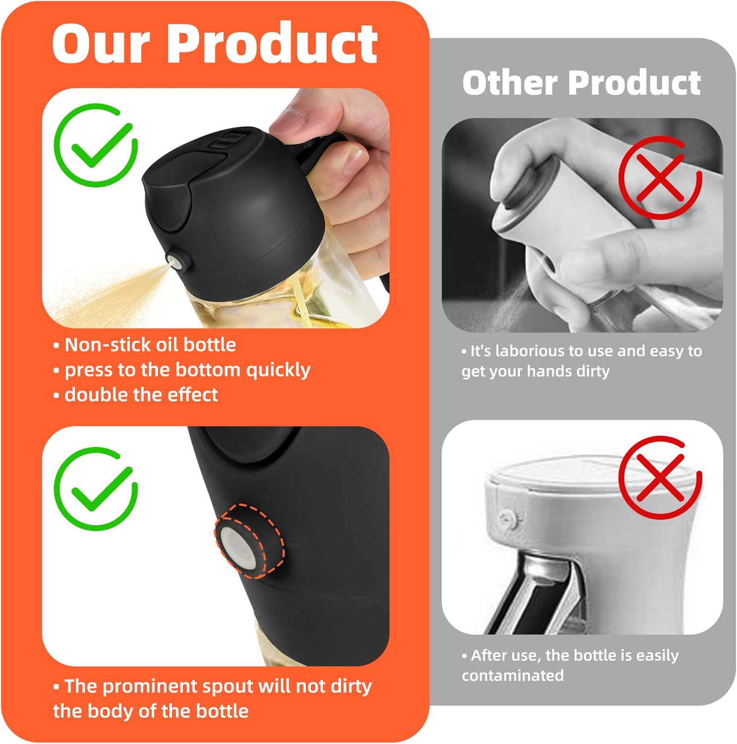 TrendPlain 16oz Glass Olive Oil Sprayer - 2-in-1 Dispenser for Cooking, BBQ & Salad - Black & Ash