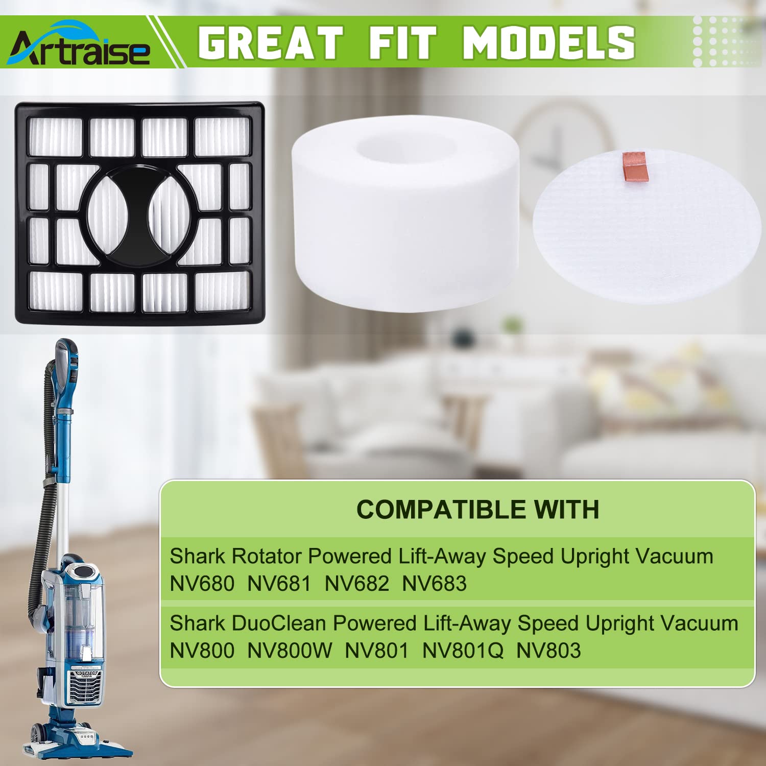 Artraise Duo Clean Filter Replacement for Shark Rotator Powered Lift-Away Speed DuoClean Vacuum NV680 NV681 NV682 NV683 NV800 NV800W NV801 NV803 UV810 Replaces Part # XHF680 & XFF680