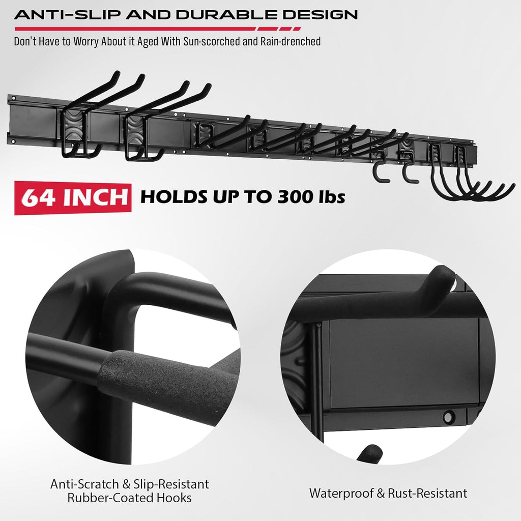 SEDY Heavy Duty Garage Storage Tool Organizer - Wall Mount Rack with Adjustable Hooks, 300lbs Capacity | Easy Installation (10 Hooks, 4 Rails, 3 Straps)