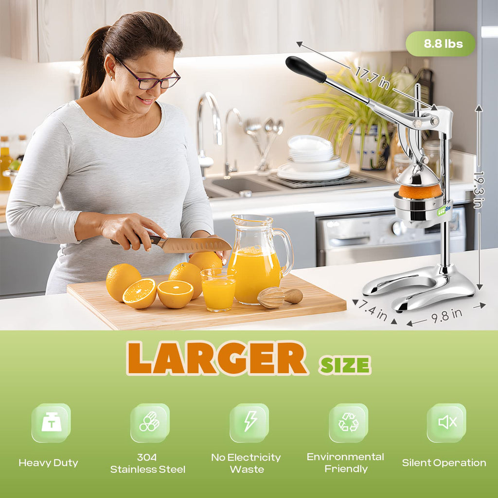 Luzrise Manual Juicer Hand Press Professional Citrus Juicer Countertop Metal Orange Lemon Pomegranate Squeezer for Commercial Home Restaurant Use( Stainless Steel Heavy Duty Extra Large 7.4*9.8*19.3")