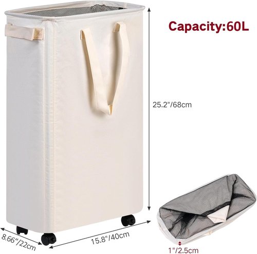 Efluky Slim Laundry Hamper - Rolling Laundry Basket with Wheels, 60L Capacity in Beige | Perfect for Bedroom & Dorm