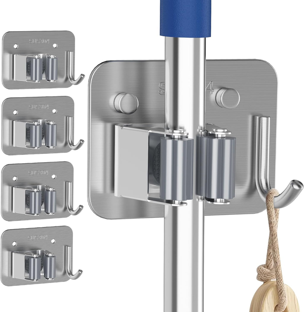 Skiennix Stainless Steel Mop & Broom Gripper - Wall-Mounted Holder for Closet & Garage | 4 Pack, Silver