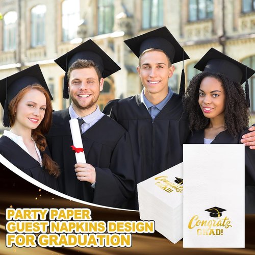 FYSUIMU Graduation Guest Napkins - 50 Pcs Gold Foil Congrats Grad Cap Design | Disposable Dinner Paper Towels