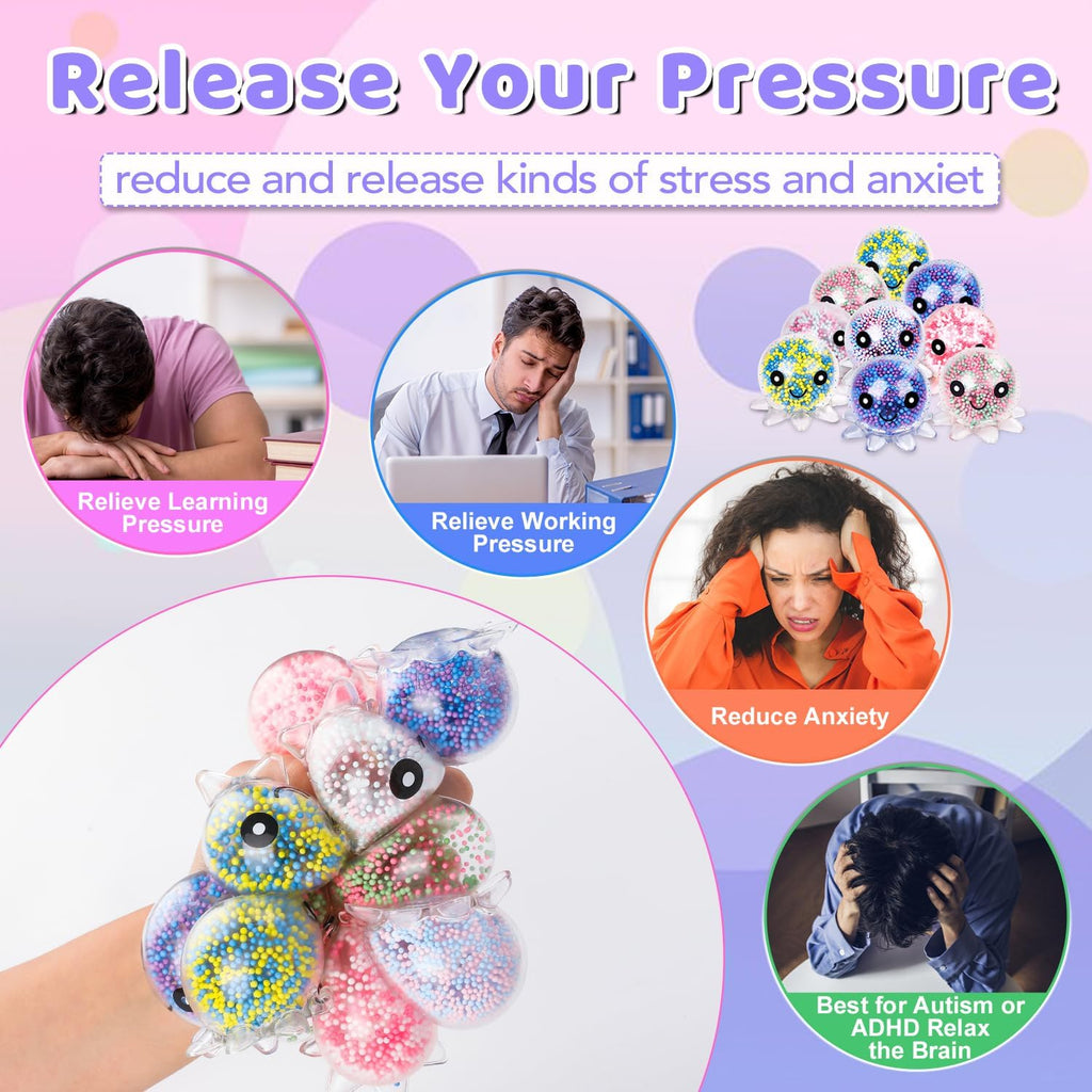 Skiennix Fidget Stress Balls - 12 Pack Cute Octopus Stress Relief Squeeze Balls | Perfect for Adults & Parties