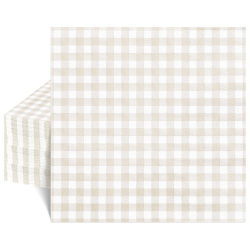 NatNarr 80 Pcs Gingham Napkins, 6.5X6.5 Inch Light Brown Napkins Disposable Beige and White Plaid Napkin for Bridal Baby Shower, Wedding, Picnic