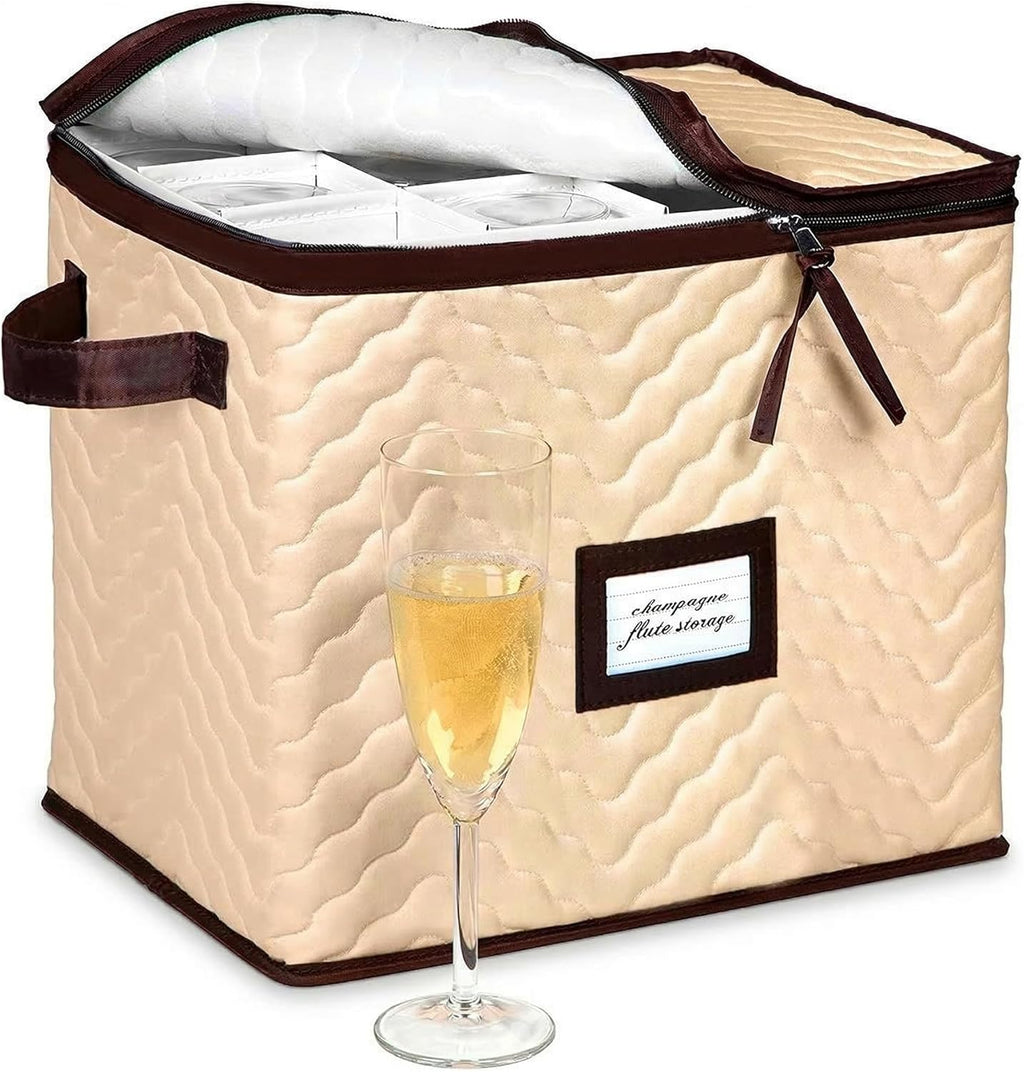 Skiennix Wine Glass Storage Box - Durable Quilted Microfiber Case with Dividers | Protects Stemware (1 Pack, Champagne Flute)