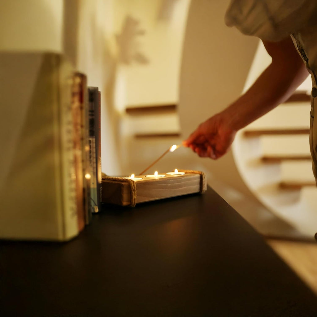 Skiennix Wooden Tealight Candle Holder - Rustic Farmhouse Decor - 3 Tea Light Tray in Brown