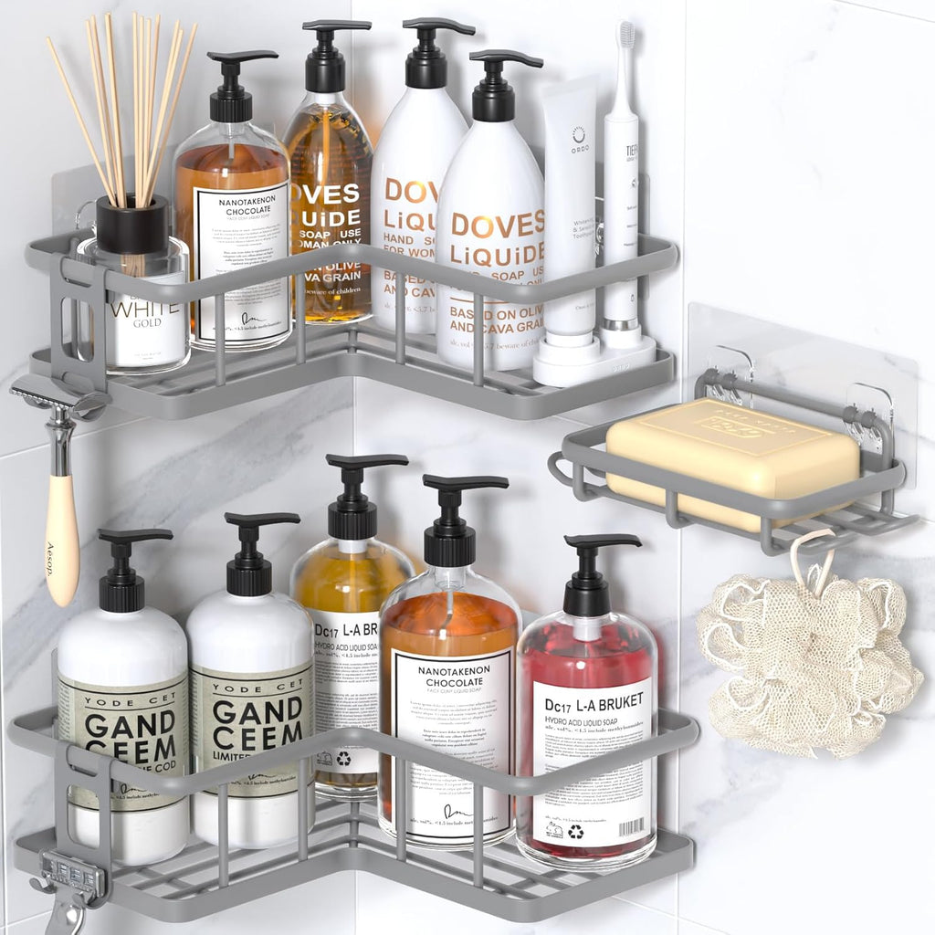 YASONIC Shower Caddy | 3-Pack Rustproof Stainless Steel Corner Shelves with Soap Holder - Grey