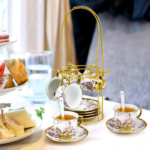Hebaogugu 20 Pcs Porcelain Tea Set with Metal Holder, European Ceramic Tea Set for Adults, Adult Tea Set Gift, Flower Tea Cup Saucer Set for Party With Gold Flower Painting (Elegant Purple/500ml)