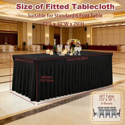PWDAN 5 Pack Spandex Table Cloths for 6 Foot Rectangle Tables, Wrinkle Free Black Fitted Table Covers 6 Ft Stretch Polyester Tablecloths with Skirt for Party Banquet Wedding Birthday Christmas
