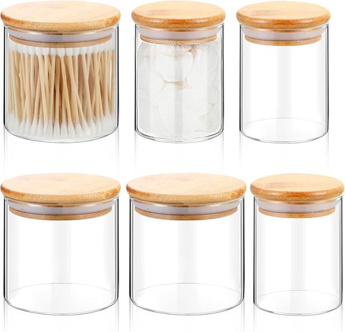 Dandat Glass Apothecary Jars - 6 Pack with Lids for Cotton Balls & Vanity Storage | 8.5 oz & 10.8 oz