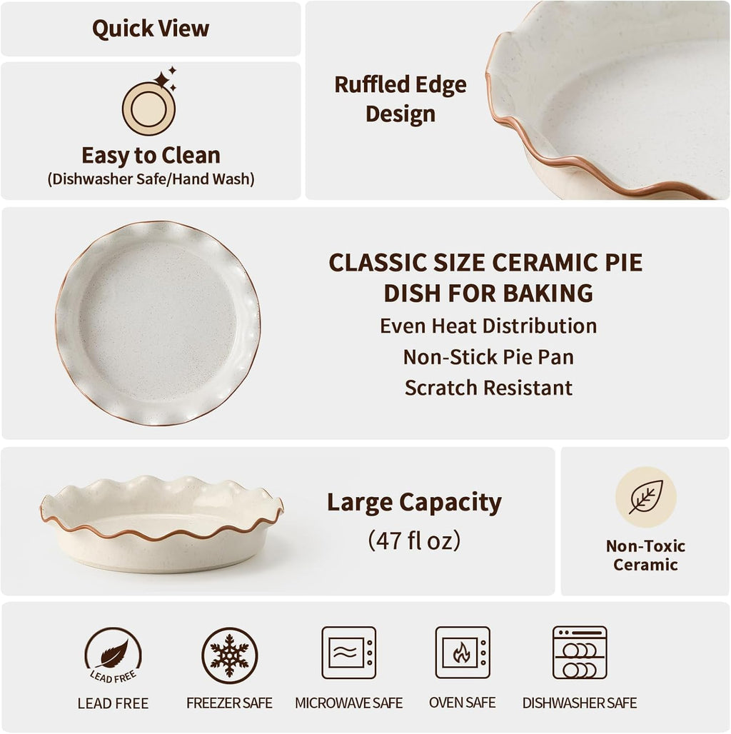 SIDUCAL Non-Stick Ceramic Pie Pan - 10.5 Inch Deep Dish with Ruffled Edge | Dishwasher & Oven Safe (White)