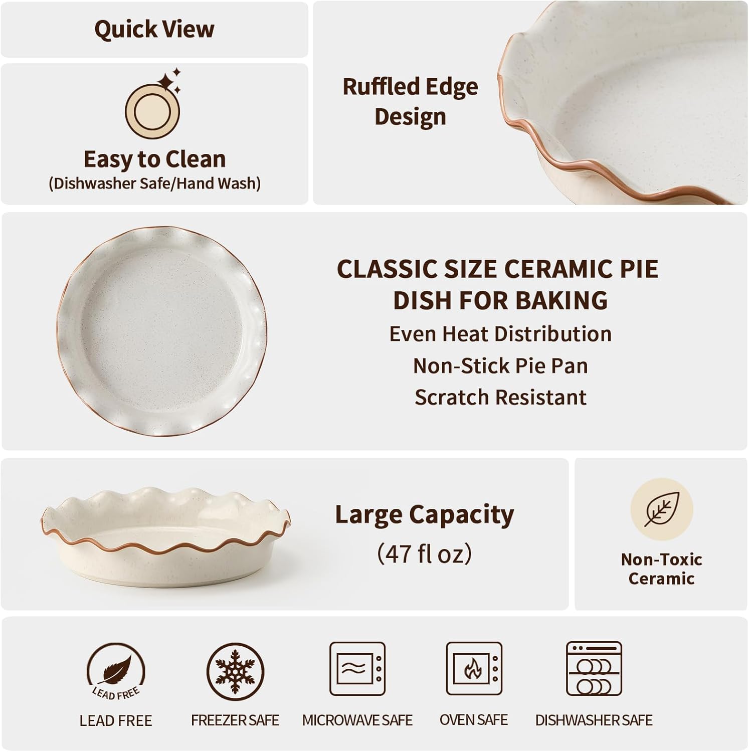 SIDUCAL Non-Stick Ceramic Pie Pan - 10.5 Inch Deep Dish with Ruffled Edge | Dishwasher & Oven Safe (White)