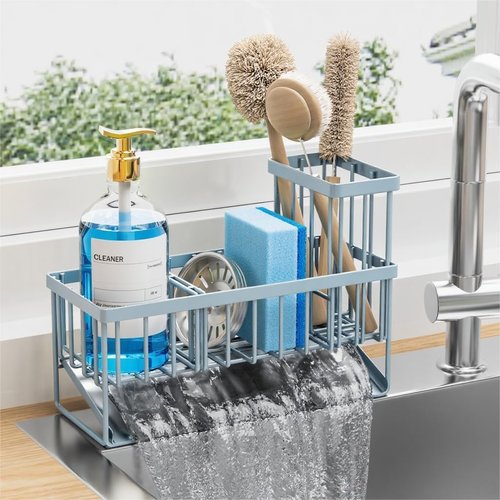 Cisily Sink Caddy Organizer - Rustproof Stainless Steel with Brush & Sponge Holder | Gray Blue Kitchen Decor