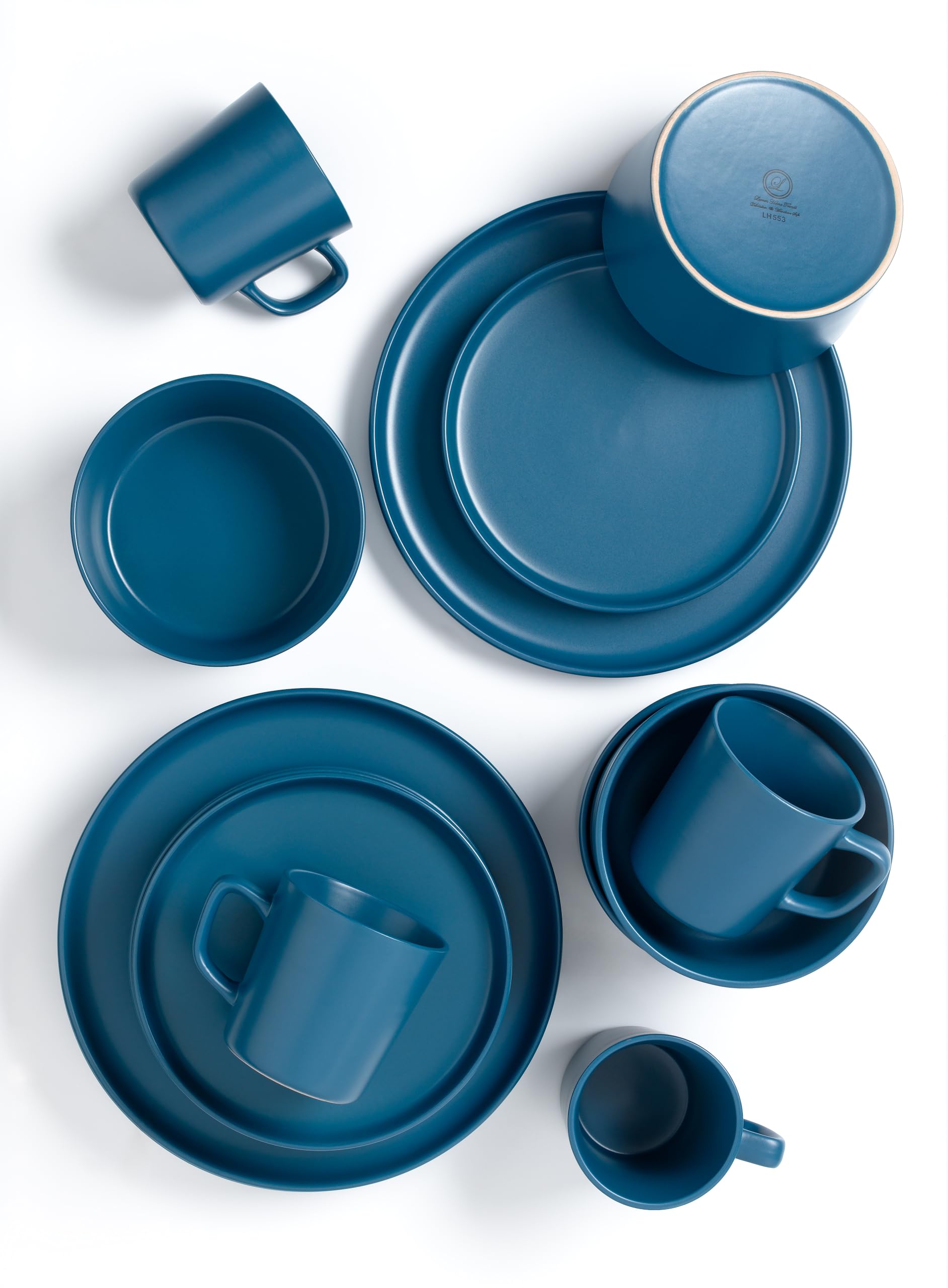 Lorren Home Trends Blue Stoneware Dinnerware Set, 16 Piece, Service for 4, Microwave and Dishwasher Safe