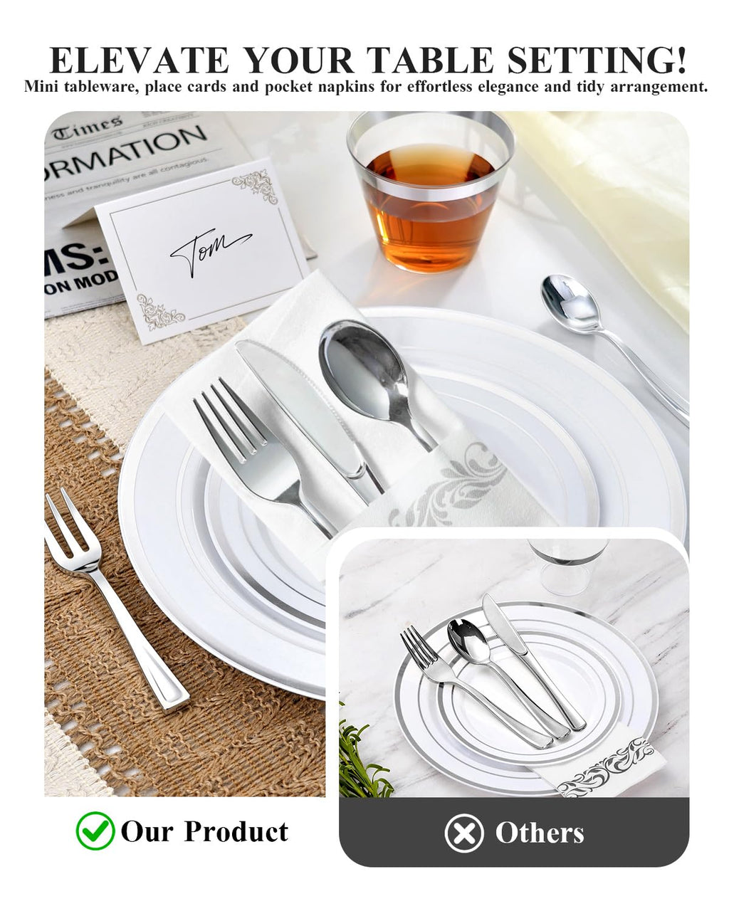 Goodluck 400PCS Elegant Silver Disposable Plastic Dinnerware Set for 40 Guests, Include: 80 Plates, 40 Place Cards, 40 Cups, 80 Spoons, 80 Forks, 40 Knives, 40 Napkins for Weddings/Parties/Graduation