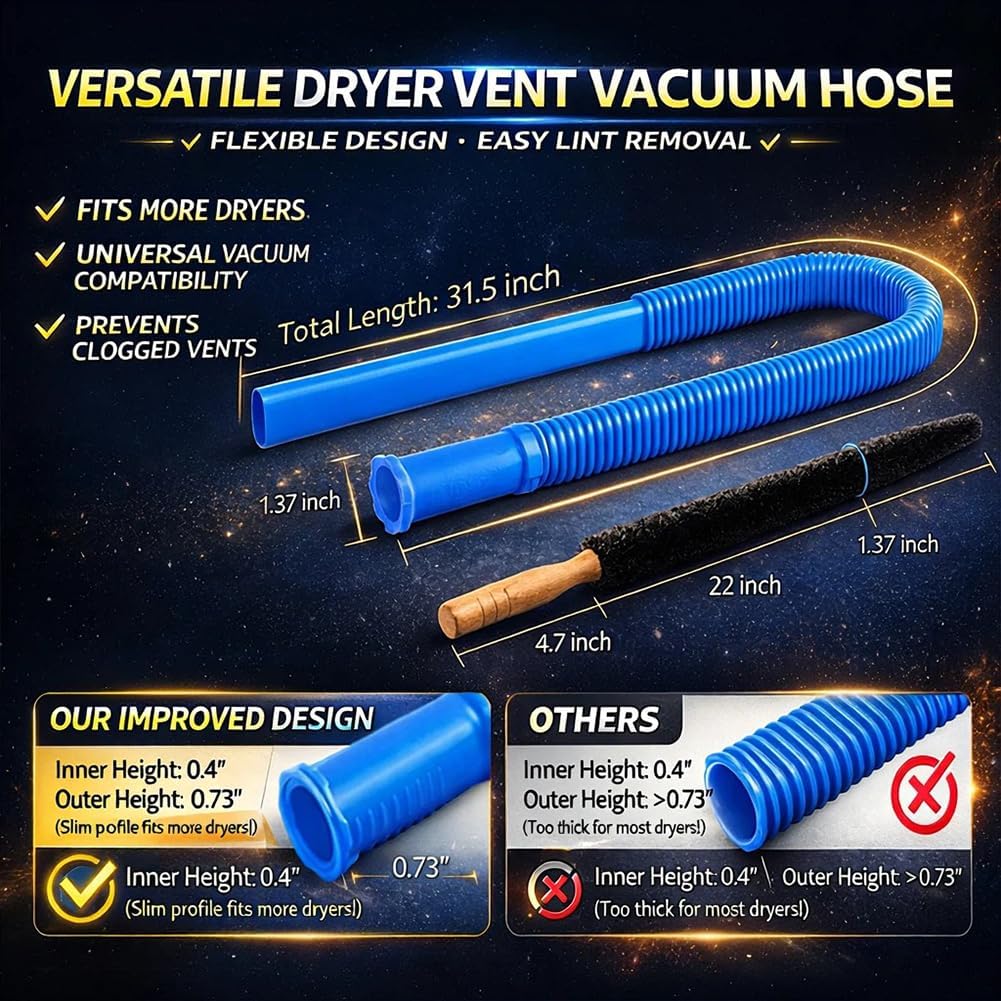 Upgraded Dryer Vacuum Hose Attachment - Universal Lint Removal Tool with Long Flexible Hose & Brush (Blue)