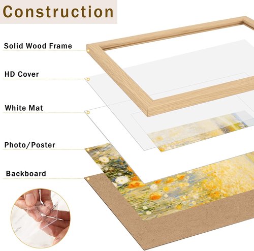 JCJMY Solid Wood Picture Frame - Display 6x8 with Mat or 8x12 Without Mat | Natural Finish, Shatter-Resistant Plexiglass
