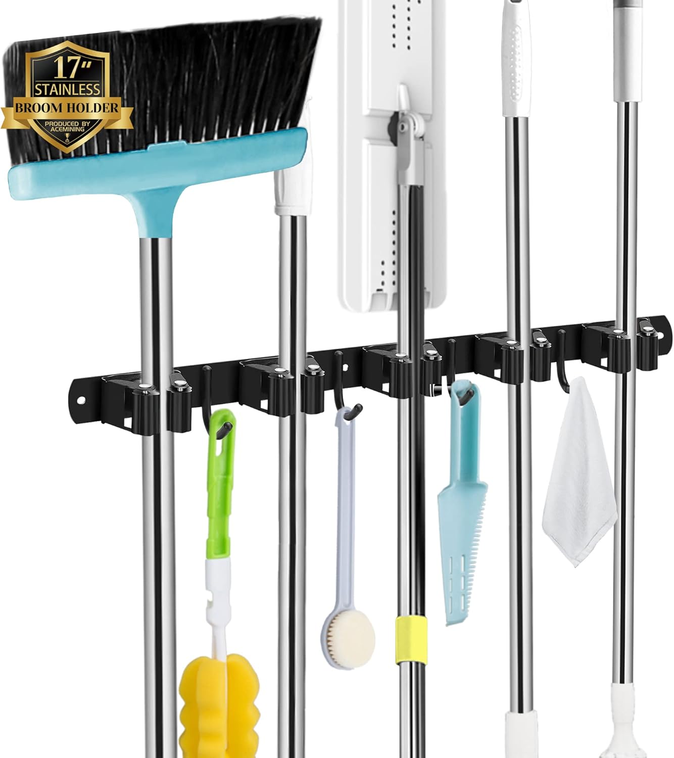 Skiennix Wall-Mounted Broom and Mop Holder - Heavy-Duty 5 Racks & 4 Hooks | Black Stainless Steel Organizer