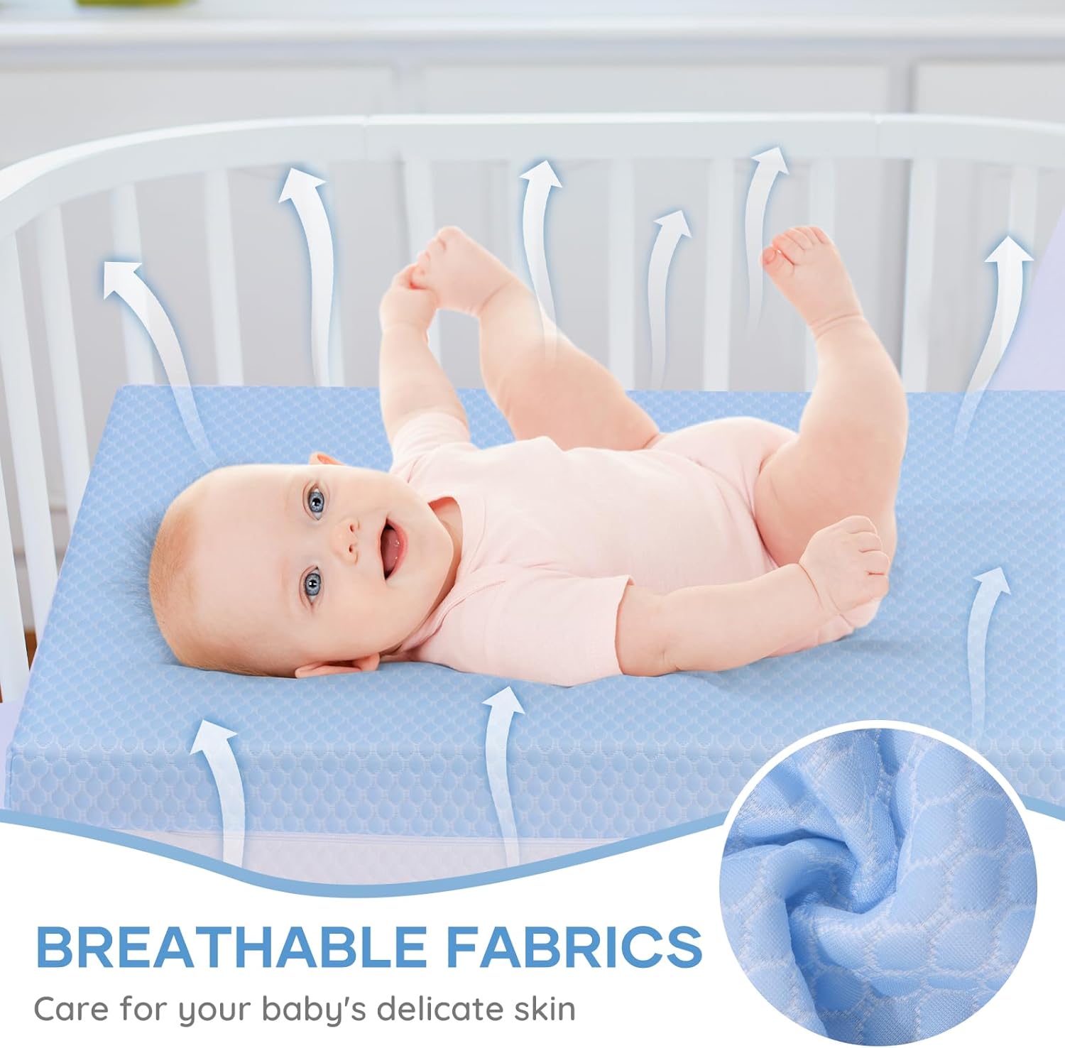Skiennix Crib Mattress - Dual-Sided Memory Foam for Baby & Toddler | Soft, Breathable, 52" x 27.6" x 5.5", Machine Washable Cover, White & Blue