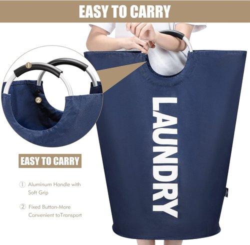 DOKEHOM Large Collapsible Laundry Basket - 95L Freestanding Hamper in Dark Blue