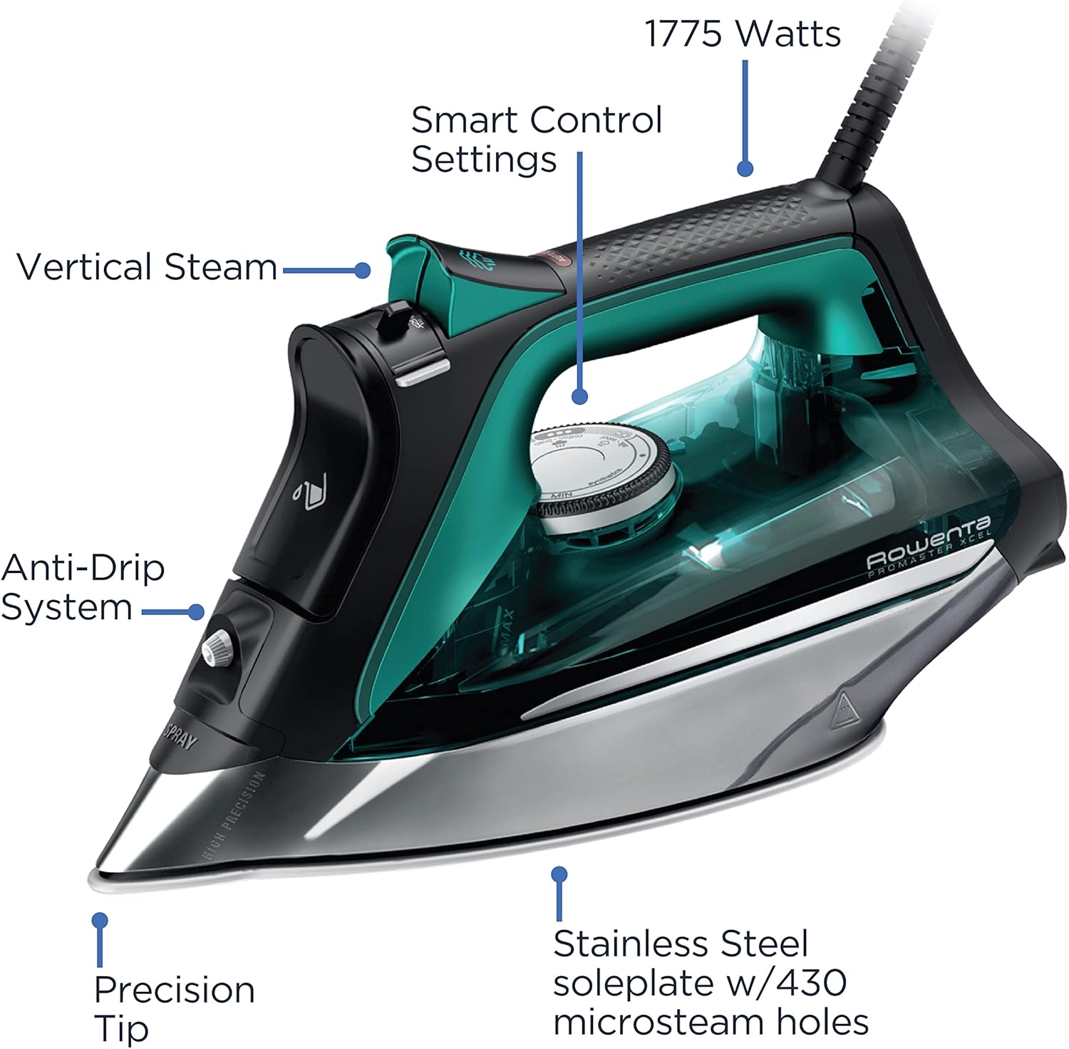Rowenta Pro Master Steam Iron - Stainless Steel Soleplate, Anti-Drip, 210 g/min, 1775 Watts, 400 Microsteam Holes