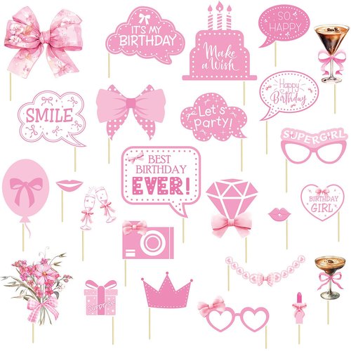 Pink Party Decorations Photo Booth Props Signs,25pcs Pink Birthday Decorations Selfie Props with Sticks for Women Coquette Birthday Decorations Supplies Decor Favors