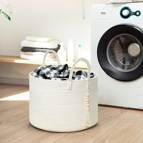 Goodpick Large Laundry Basket - Decorative White Rope Hamper for Blankets & Baby Storage | 17.7 x 12.6 Inches
