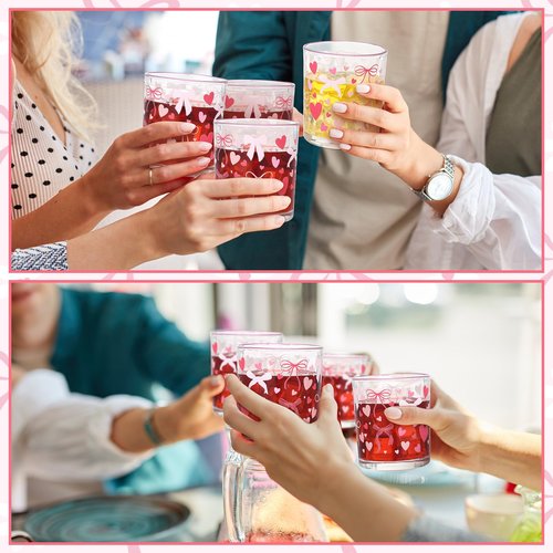 Ferrochef 6 Pcs Valentines Heart Glasses Drinkware Valentines Day Icon Juice Glasses 11oz Galentines Day Pink Bow Cup for Party Gift Hot and Cold Beverages Women Friend