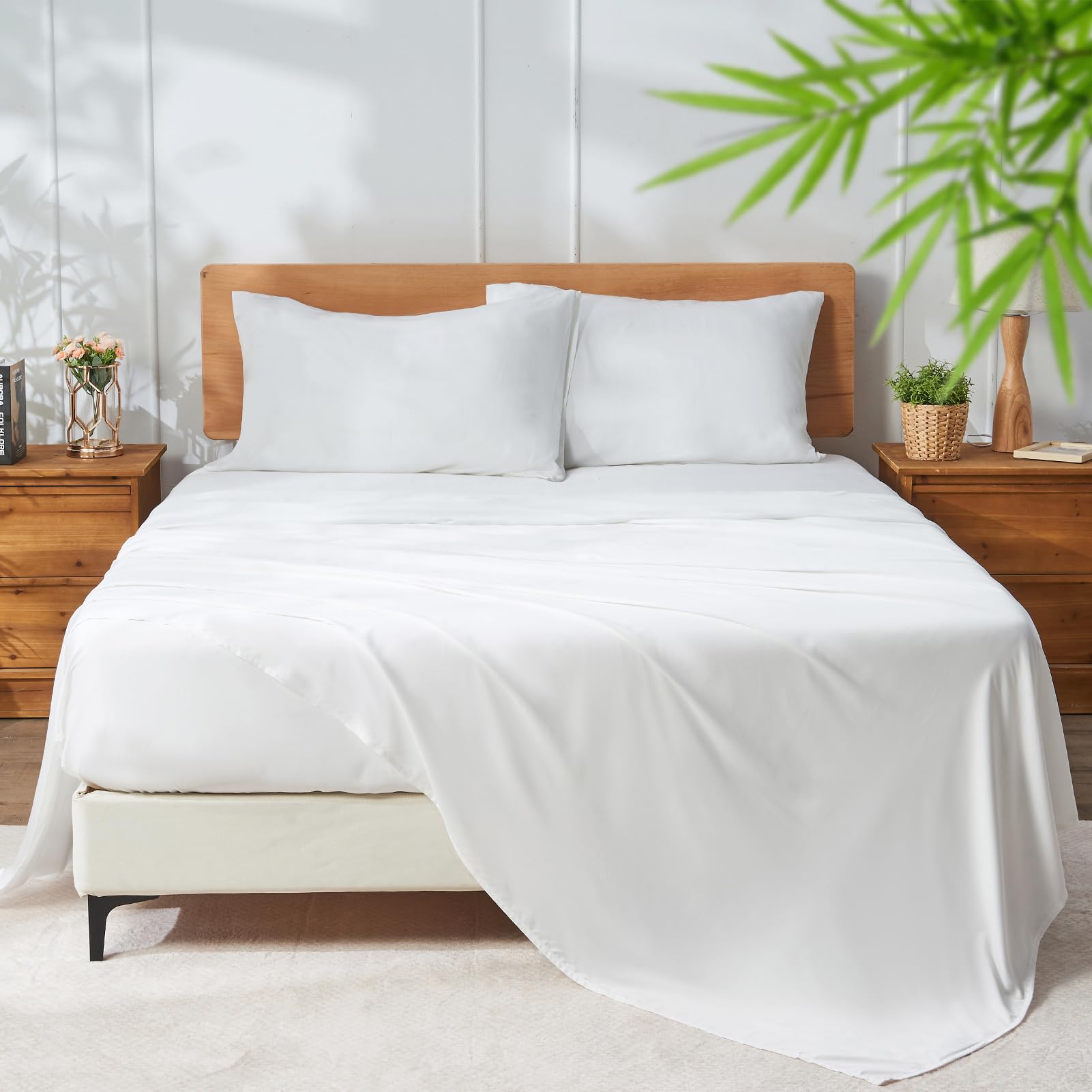 KUSNUG 100% Rayon Derived from Bamboo Sheets King Size, Organically Growth, Silky Soft & Cooling Sheet Set, 4 Piece (1 Fitted Sheet, 1 Flat Sheet and 2 Pillowcases) White Bedding Set with Deep Pocket