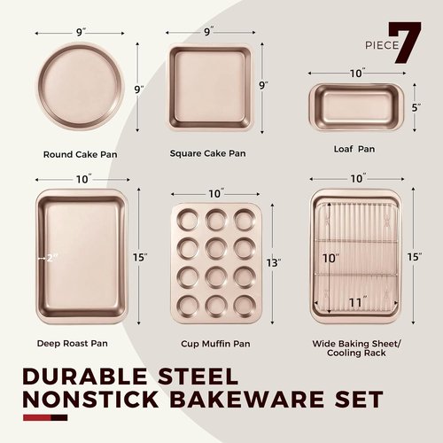 KITESSENSU Nonstick Baking Pans Set - 7-Piece Bakeware with Cake, Loaf, Muffin Pans & More | Gold Finish