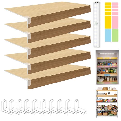 5 PCS Wire Rack Covers 24×12 in, Wood Grain PVC Shelf Covers with LED Motion Light &Labels, Renter Friendly, Easy-Cut Moisture-Resistant No-Tool, No-Drill Install for Pantry, Laundry, Kitchen, Garage