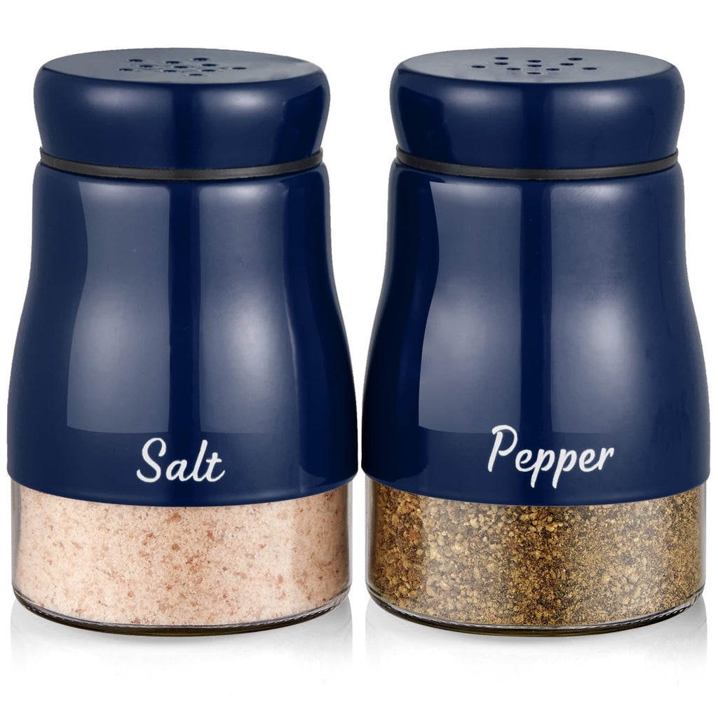 Navy Blue Salt and Pepper Shakers Set, Bivvclaz 5 Ounce Salt and Pepper Dispenser with Glass Bottom, Cute Salt and Pepper Shakers for Blue Kitchen Decor and Accessories