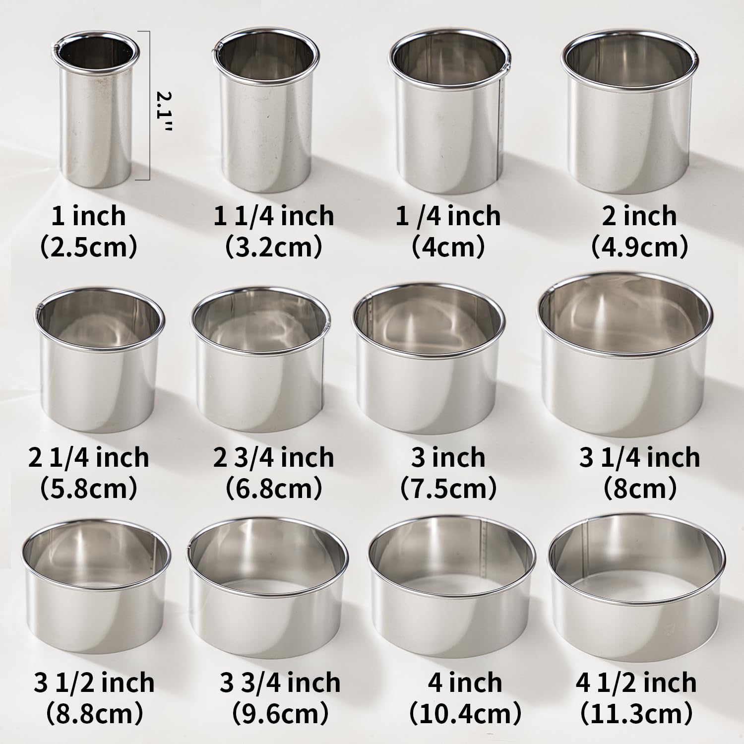 12 Pcs 304 Stainless Steel Biscuit Cutter Set, Round Cookie Cutters for Baking (1/2/3/4/5'') with PP Storage Box, Dough Pastry Cake Circle Cutting Ring Molds, Non-Rust Double Thickness & 2.1‘’ High