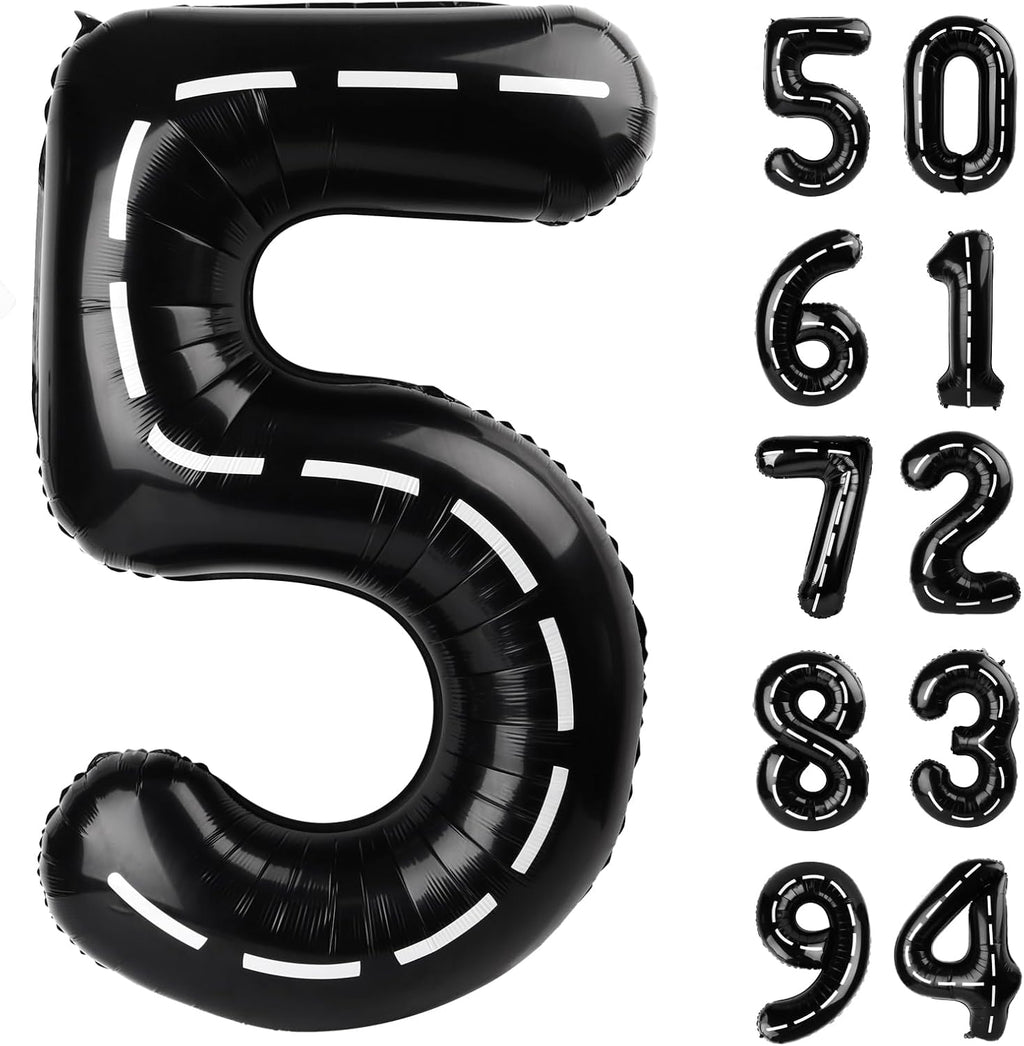 Race Car 5 Balloon - 40 Inch Black Number 5 Birthday Balloon Decorations for Kids' Parties