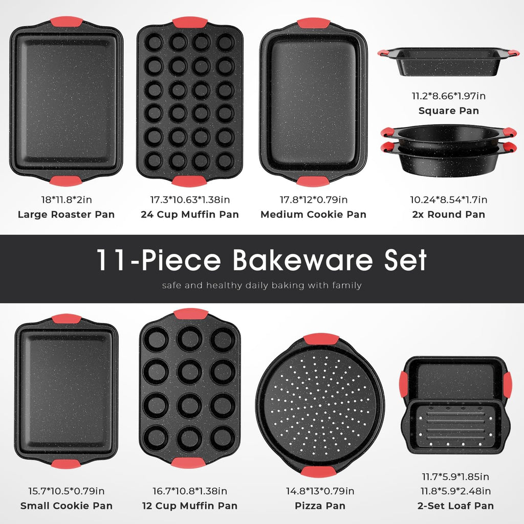 Skiennix 11-Piece Nonstick Baking Pans Set - Toxin-Free Bakeware with Silicone Handles | Red & Black