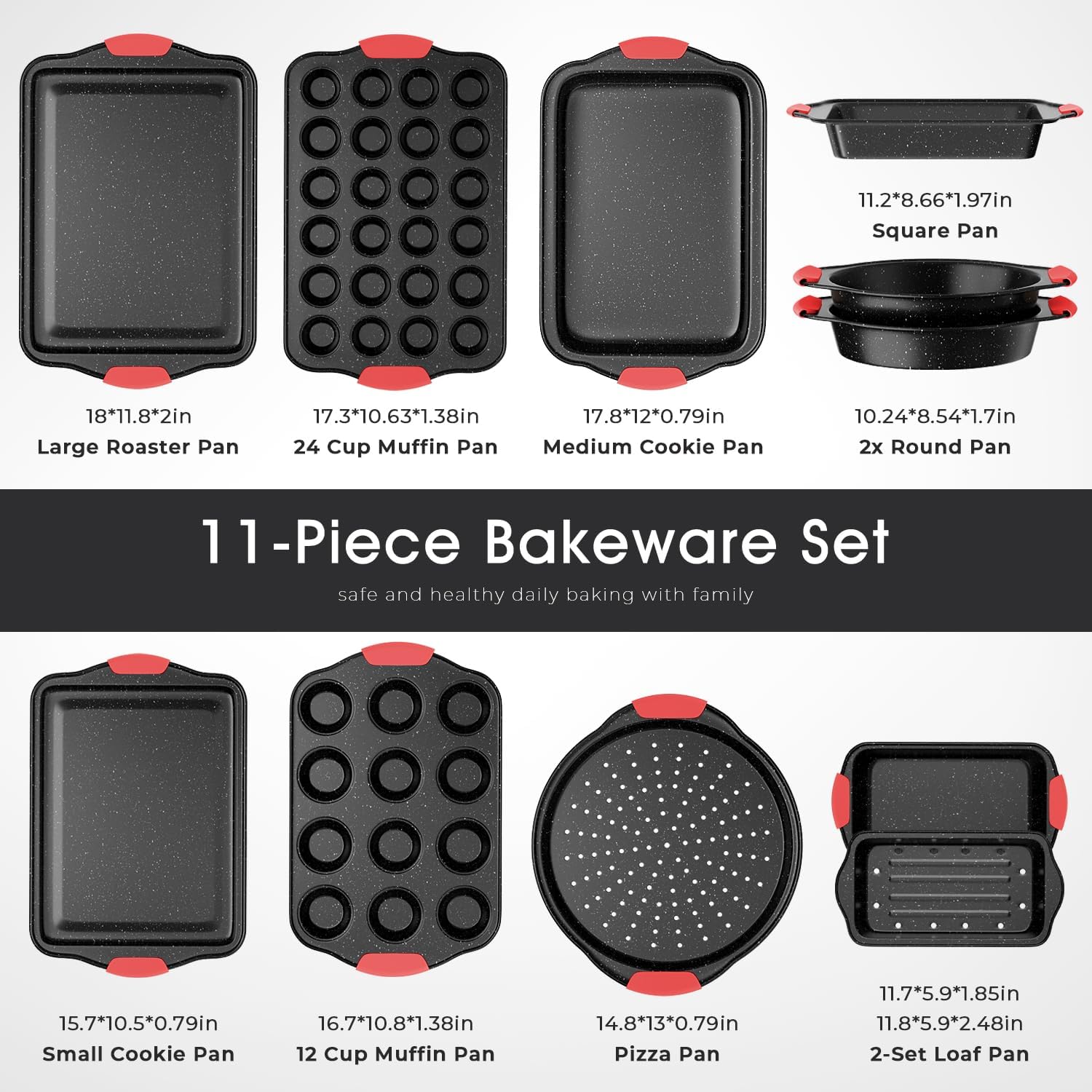 Skiennix 11-Piece Nonstick Baking Pans Set - Toxin-Free Bakeware with Silicone Handles | Red & Black