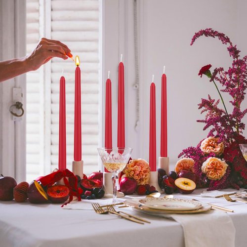 24 Pack Red Taper Candles 10 Inch, Unscented Dinner Candles Bulk for Valentine's Day Decorations, Wedding Centerpieces, Holiday Dining Table Decor, 7-8 Hours Long Burning Tapered Candles