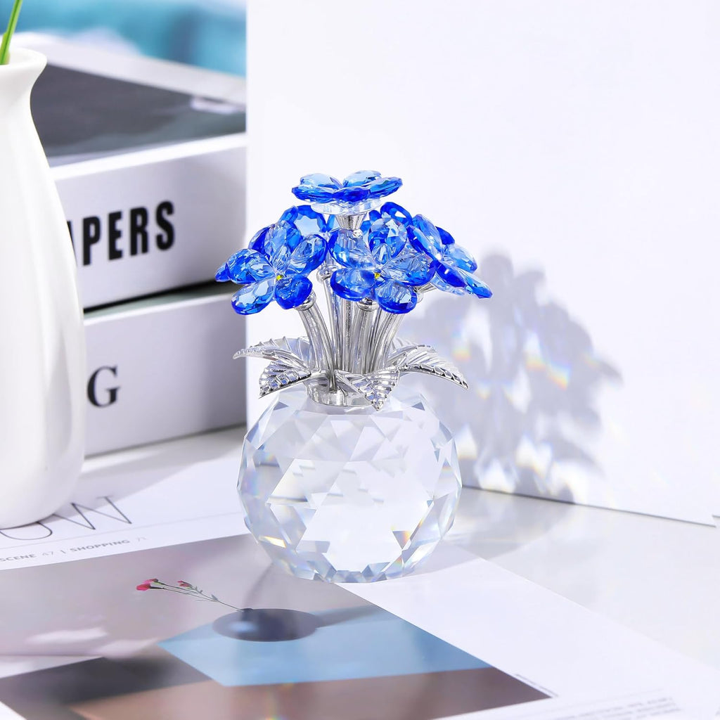 YWHL Blue Crystal Forget-Me-Not Flowers | Handmade Glass Bouquet Figurine for Tabletop Decor