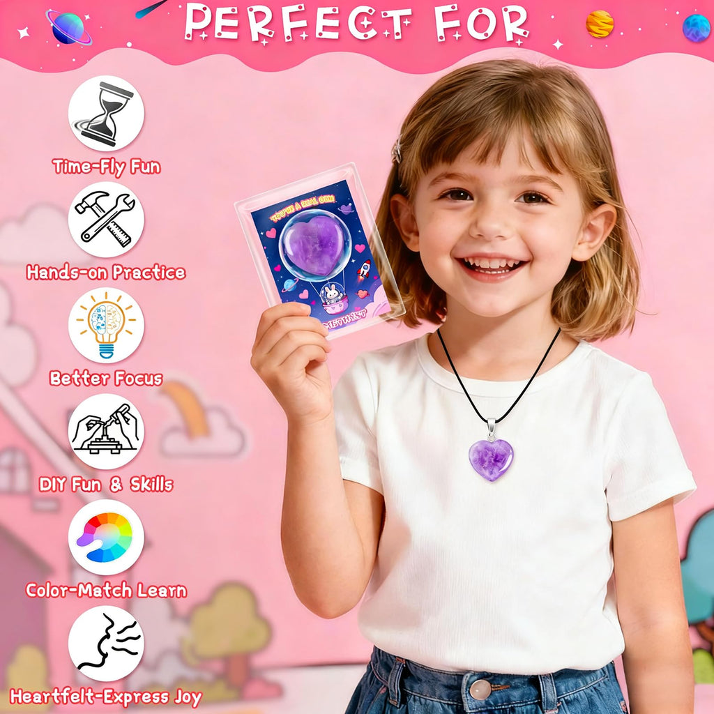 Valentines Day Cards for Kids School with Heart Gemstone Necklaces, Valentines Exchange Gifts Bulk with 24-Pack Unique Gemstone Heart Crystals, Classroom Valentine Party Favors with Goody Bag