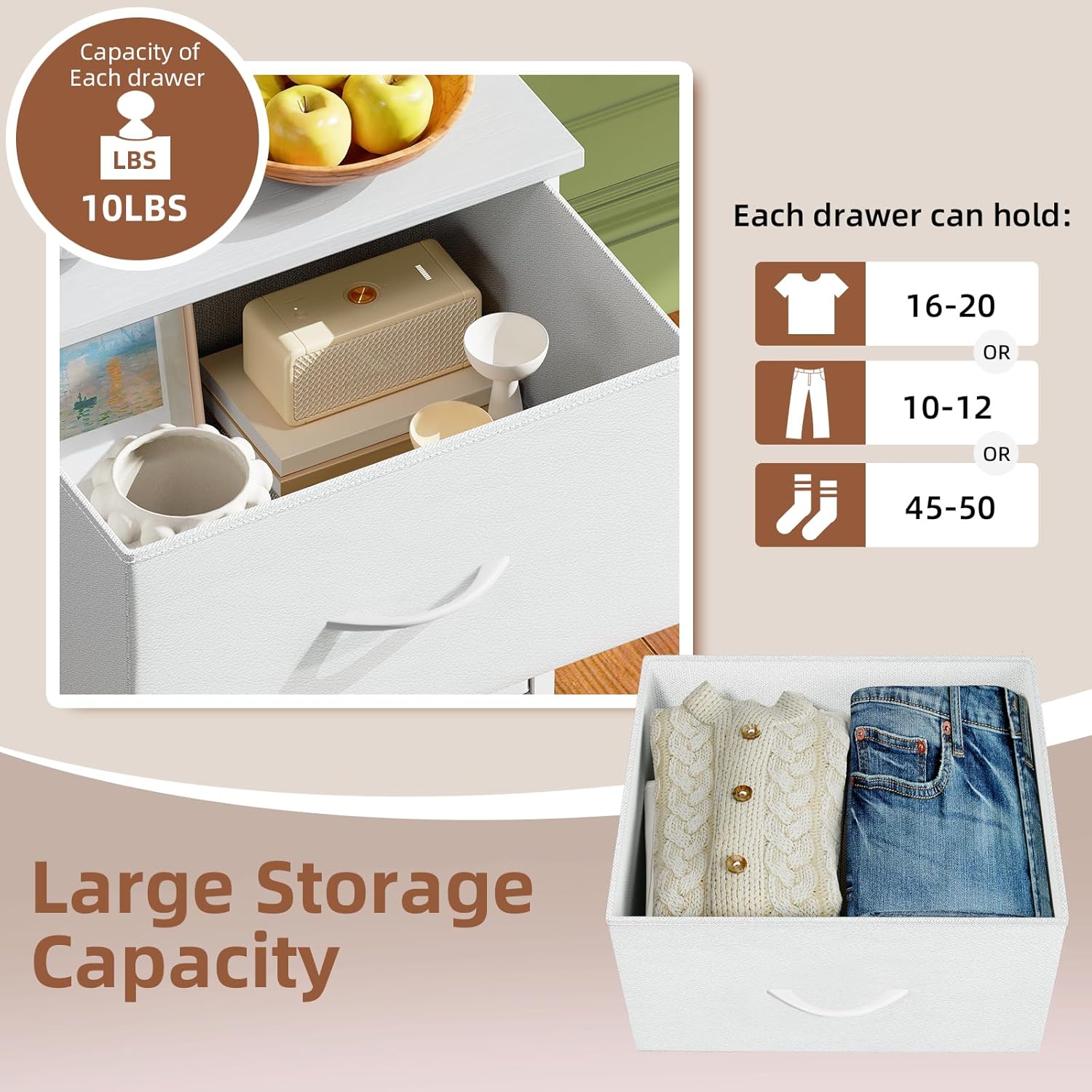 Somdot Tall Dresser - 5 Drawer Storage Organizer with Removable Fabric Bins | White Leather Finish