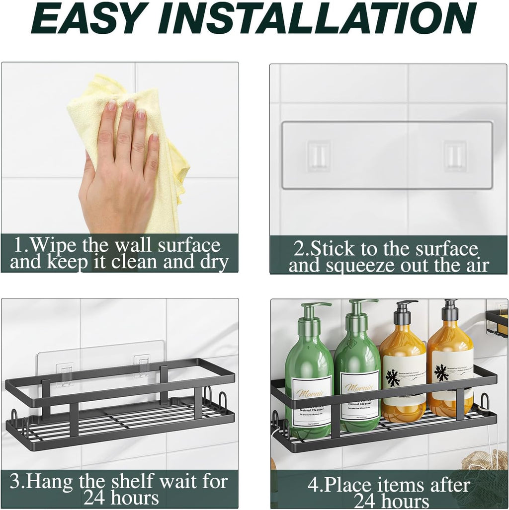 Youvip Adhesive Shower Caddy - Rustproof Bathroom Organizer with Soap Holder & 12 Hooks | Black, 3 Pack